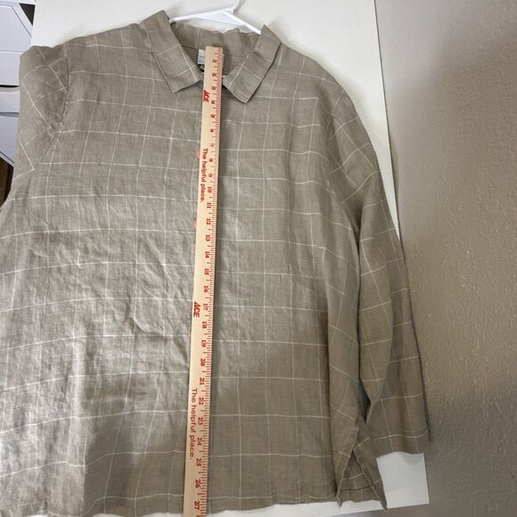Hot Cotton Marc Ware 1X  100% Linen Shirt Top Tan Windowpane Check Lagenlook USA - Picture 5 of 7